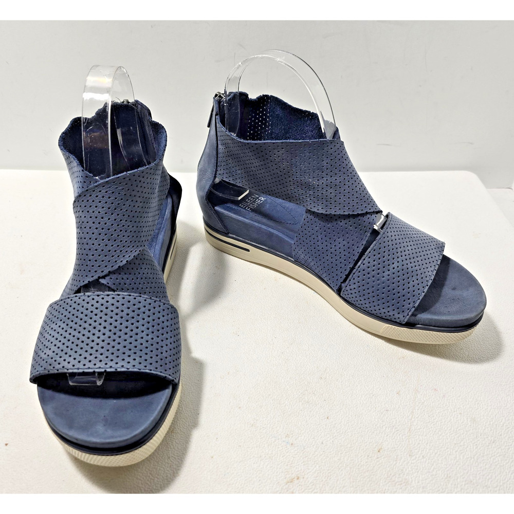 Eileen Fisher Blue Perforated Nubuck Sport Platform Women's Sandals 8